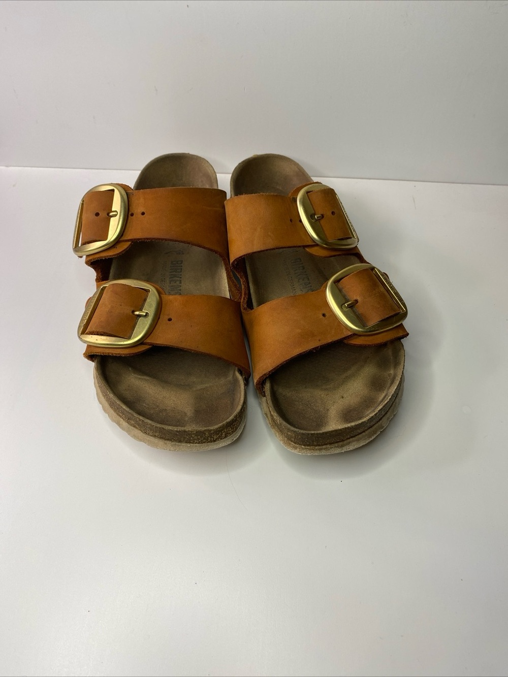 Birkenstock Two-Buckle Leather Sandals in Tan with Gold Buckles